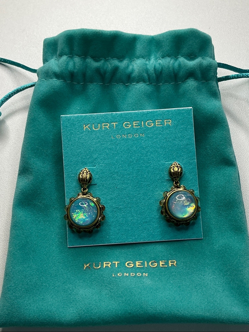 Kurt Geiger Teal Opalescent Drop Earrings with Gold-Tone Setting
